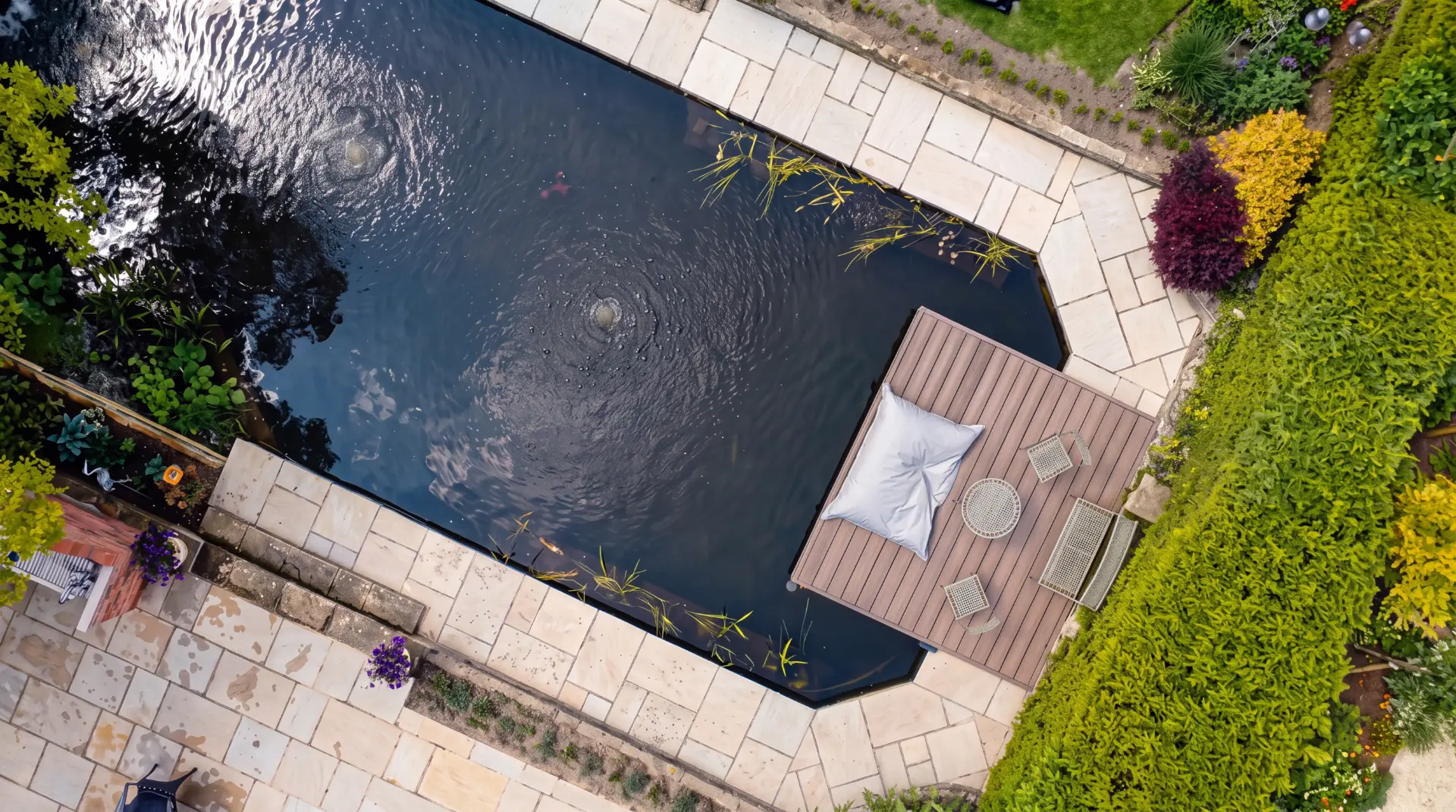 An aerial view of a modern landscaped garden with a large dark pond and fountains, surrounded by light stone paving and a wooden deck with outdoor lounge furniture